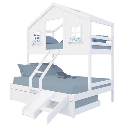 Imagem de Treliche Casal/ Solteiro Casinha dos Sonhos Kit Escada/ Escorregador Madeira Maciça Branco Megamobilia