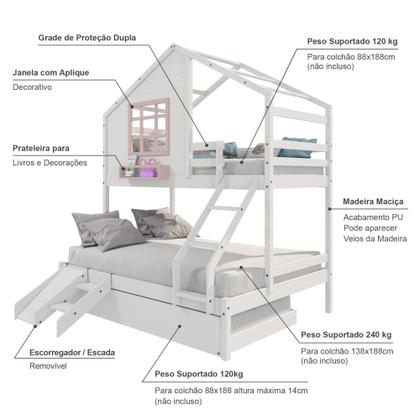 Imagem de Treliche Casinha com Janela Casal/Solteiro com Escada/Escorregador Madeira Maciça Branco/ Rosa Housin