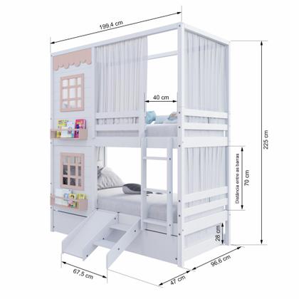 Imagem de Treliche Casinha Reta com 02 Janelas Escorregador e Cortina Madeira Maciça Branco/ Rosa Housin
