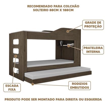 Imagem de Treliche Com 3 Colchões Solteiro Com Prateleira 100% MDF Amêndoa Cardadde Shop JM