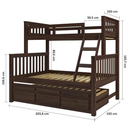 Imagem de Treliche com Cama de Casal Castanho Escuro c/ Cama Auxiliar 3 Gavetas Madeira Pinus - Saraiva