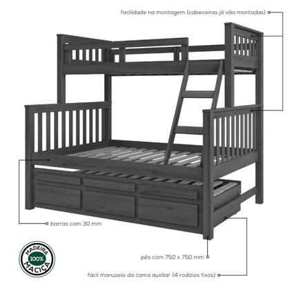 Imagem de Treliche com Cama de Casal Castanho Escuro c/ Cama Auxiliar 3 Gavetas Madeira Pinus - Saraiva