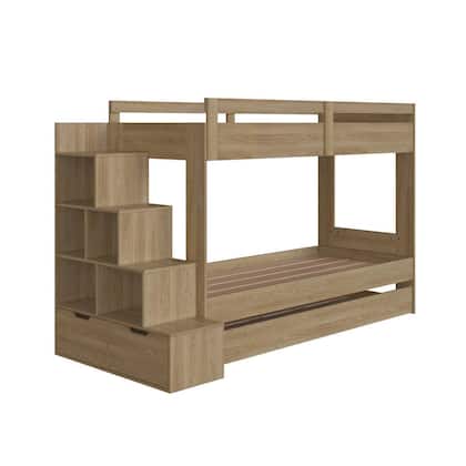 Imagem de Treliche Infantil com Escada Nichos Gavetas Laterais e Cama Auxiliar Marrom/Aveiro Oak