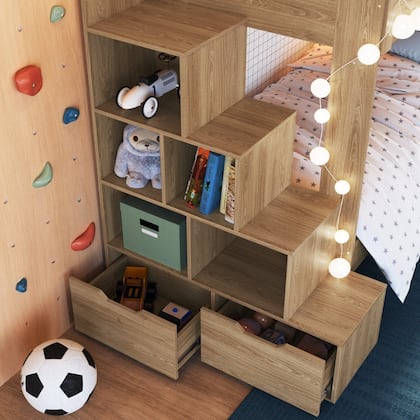 Imagem de Treliche Infantil com Escada Nichos Gavetas Laterais e Cama Auxiliar Marrom/Aveiro Oak