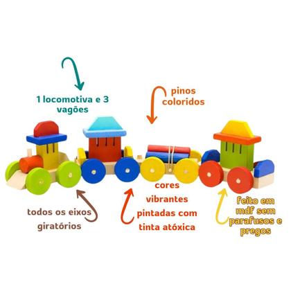 Imagem de Trem Grande Madeira 4 Vagões Formas Brinquedo Educativo Pedagógico