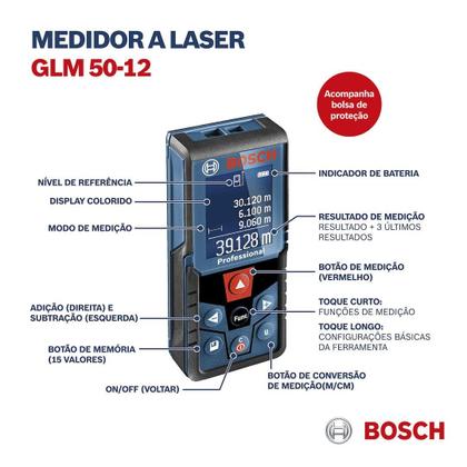 Imagem de Trena A Laser Bosch Glm50-12 Leitura Até 50 Metros + Acess