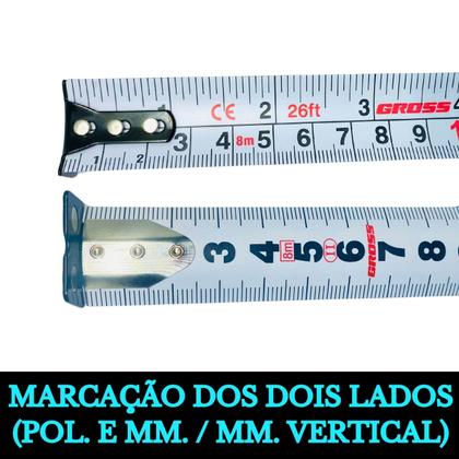 Imagem de Trena Emborrachada 8 Metros Gross Trava Automática Profissional Polegada e Milímetro Aço Resistente