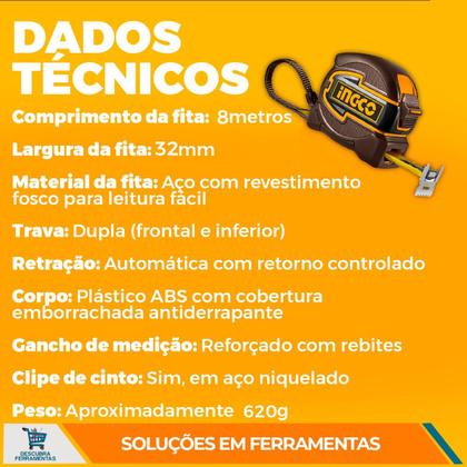 Imagem de Trena Emborrachada Com Botão Duplo 8M x 32MM Ingco Resistente Retração Automática Cinto Locomoção Fácil Medição Pedreiros Marceneiros Obras em Geral