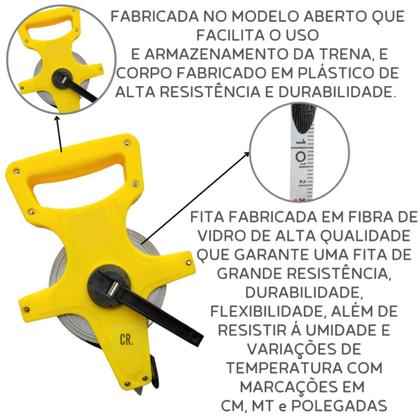 Imagem de Trena Fita Métrica 50 Metros em Fibra de Vidro com Manivela Ponta Conica