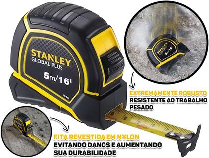 Imagem de Trena Global Plus Emborrachada Com Trava 5 Metros Profissional Fita Revestida Em Nylon Stanley