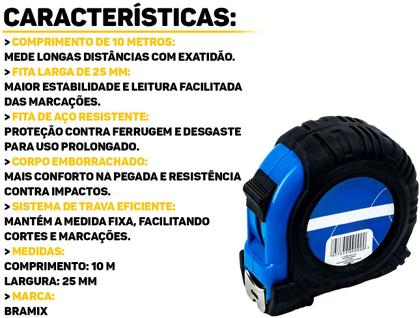 Imagem de Trena Métrica Emborrachada 10m x 25mm Bramix Profissional Resistente P/ Medição De Obras Construção De Longa Distância