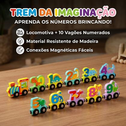 Imagem de Trenzinho Educativo De Madeira Magnético Com Números 0 A 9 Brinquedo Pedagógico Para Aprender Brincando Infantil Aprendizagem Montessori Kizumba