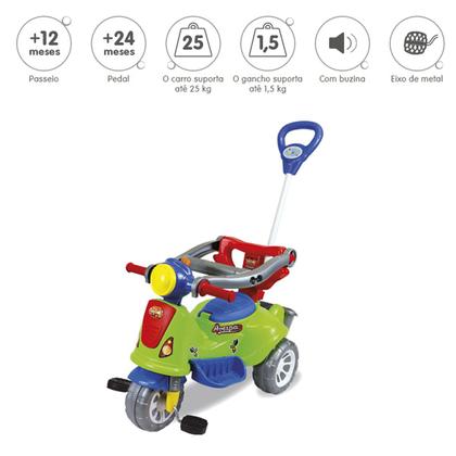 Imagem de Triciclo De Pedal 2 Em 1 Motoca Infantil Avespa Verde Com Haste e Proteção Suporta 25kg