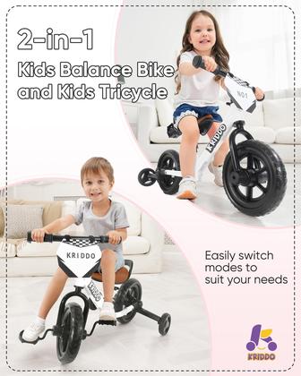 Imagem de Triciclo e bicicleta de equilíbrio KRIDDO 2 em 1 para crianças 18M-3Y branca