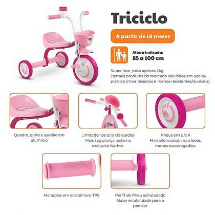 Imagem de Triciclo Infantil com Cestinha Buzina Fon-fon Cor Rosa You 3 Girl NATHOR 100510160012