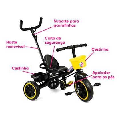 Imagem de Triciclo infantil com guidão e pedal 2 em 1 cesto passeio mega compras