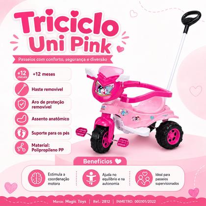 Imagem de Triciclo Infantil Rosa Unicórnio Com Haste Guia Apoio Pés Rodas Grandes