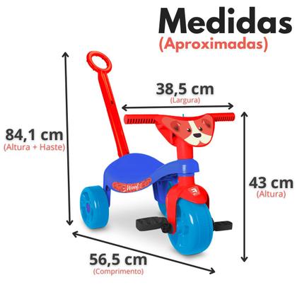 Imagem de Triciclo Infantil Velotrol Cachorro Dog Velocípede Tchuco P/ Criança C/ Hastes Vermelho e Azul