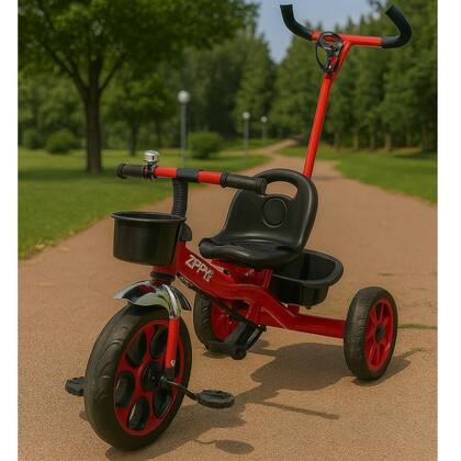 Imagem de Triciclo Infantil Vermelho c/ Apoiador Cesta e Sininho Zippy Toys Brinquedo Divertido e Seguro Ideal para Criança