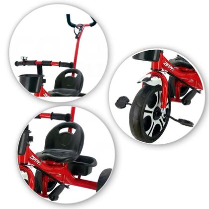 Imagem de Triciclo Infantil Vermelho c/ Apoiador Cesta e Sininho Zippy Toys Brinquedo Divertido e Seguro Ideal para Criança