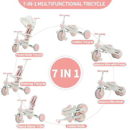 Triciclo JMMD Baby 7 em 1 multifuncional com alça para pais rosa