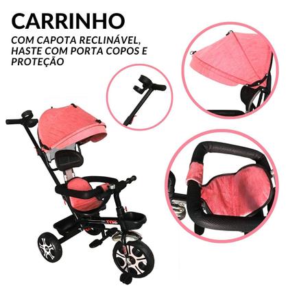 Imagem de Triciclo Motoca Bicicleta 3 Rodas Infantil Passeio com Empurrador Pedal Capota Brinqway Bw302
