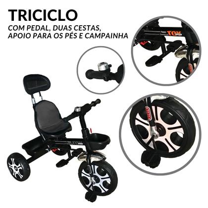 Imagem de Triciclo Motoca Bicicleta 3 Rodas Infantil Passeio com Empurrador Pedal Capota Preto Brinqway Bw302