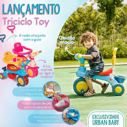 Imagem de Triciclo Motoca Totoca Infantil Com Haste e Barra de Proteção Removível Toy Menino Azul Urban Baby