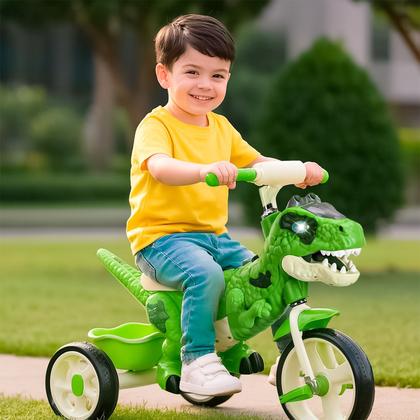 Imagem de Triciclo T-Rex Verde Com Cestinha Traseira Olhos Que Acende Pedal E Assento Confortável