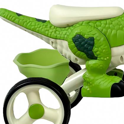 Imagem de Triciclo T-Rex Verde Com Cestinha Traseira Olhos Que Acende Pedal E Assento Confortável