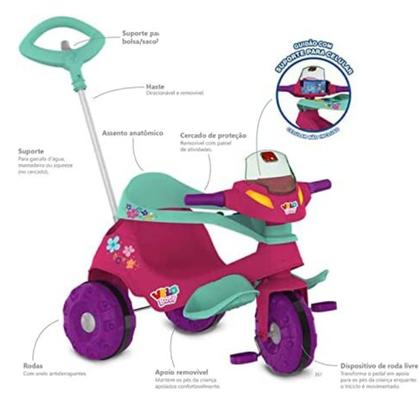 Imagem de Triciclo Velobaby G2 Rosa Passeio e Pedal Com Haste Removíve