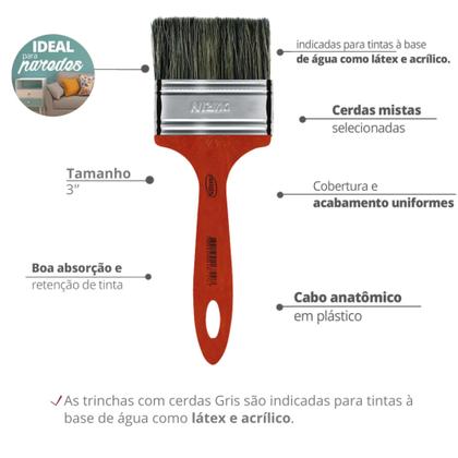 Imagem de Trincha / Pincel Para Látex / Acrílica Gris De Tamanho 3" Vermelho Durín