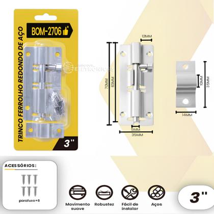 Imagem de Trinco Ferrolho Redondo 70mm x 35mm Aço Inoxidável, Durável e Resistente BOM2706