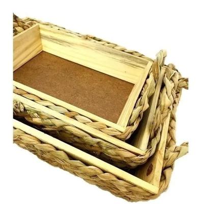 Imagem de Trio Bandeja Com Alça Palha Retangular Entrelaçada Madeira