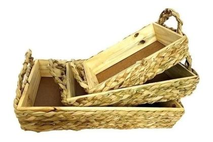 Imagem de Trio Bandeja Com Alça Palha Retangular Entrelaçada Madeira