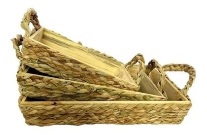 Imagem de Trio Bandeja Com Alça Palha Retangular Entrelaçada Madeira