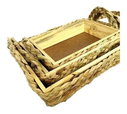 Imagem de Trio Bandeja Com Alça Palha Retangular Entrelaçada Madeira