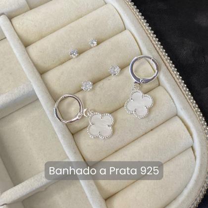 Imagem de Trio Brinco Trevo Madrepérola Prata 925 Moda Virginia Banhado