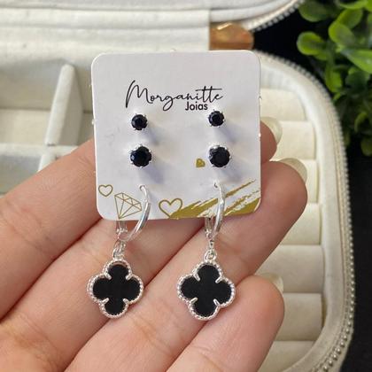 Imagem de Trio brinco trevo Preto prata 925 moda virginia banhado