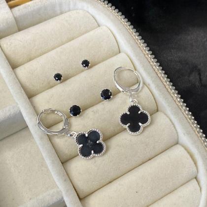 Imagem de Trio brinco trevo Preto prata 925 moda virginia banhado