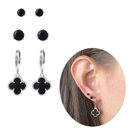 Imagem de Trio brinco trevo Preto prata 925 moda virginia banhado