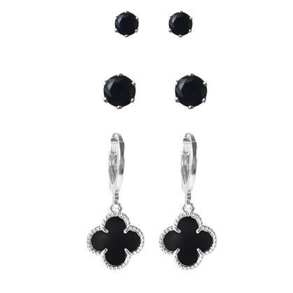 Imagem de Trio brinco trevo Preto prata 925 moda virginia banhado