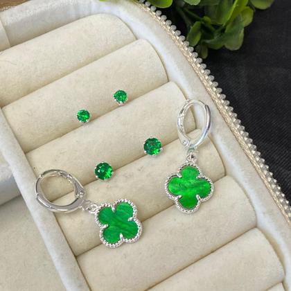 Imagem de Trio brinco trevo verde prata 925 moda virginia banhado