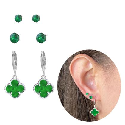 Imagem de Trio brinco trevo verde prata 925 moda virginia banhado