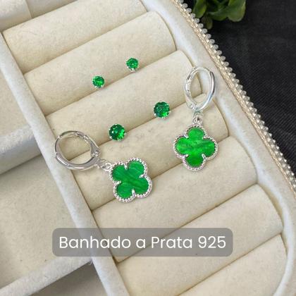 Imagem de Trio brinco trevo verde prata 925 moda virginia banhado
