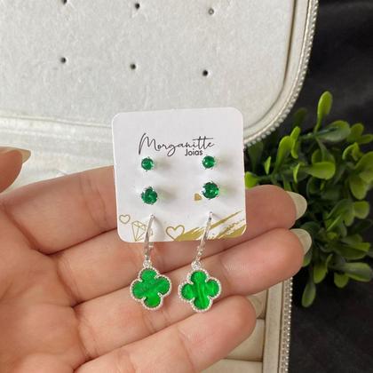 Imagem de Trio brinco trevo verde prata 925 moda virginia banhado