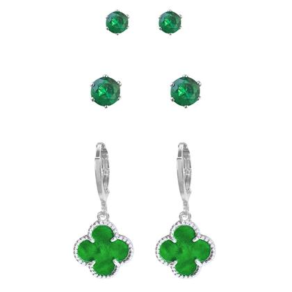 Imagem de Trio brinco trevo verde prata 925 moda virginia banhado