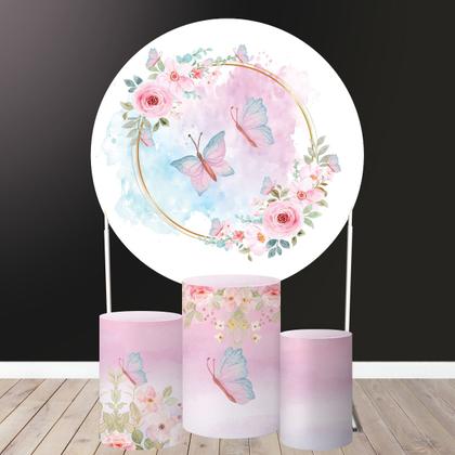 Imagem de Trio Capa Cilindro + Painel Redondo Borboleta Rosa