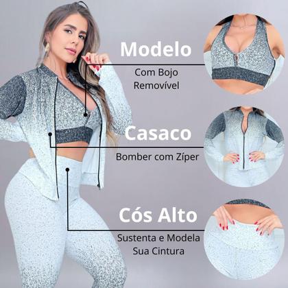Imagem de Trio Conjunto Legging Top e Casaco Bomber Roupa de Academia Fitness