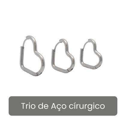 Imagem de Trio de Brinco Coração em Aço Cirúrgico Antialérgico Click 